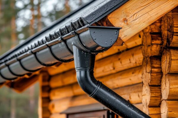 Drewniany dom z czarnymi rynnami pokrytymi kroplami deszczu.