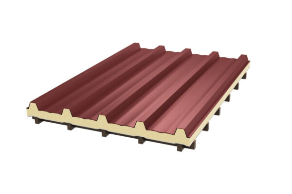 Trójwymiarowy model przedstawia płyty warstwowe w kolorze brązowym.