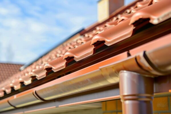 Dach pokryty czerwoną dachówką z rynnami PCV.