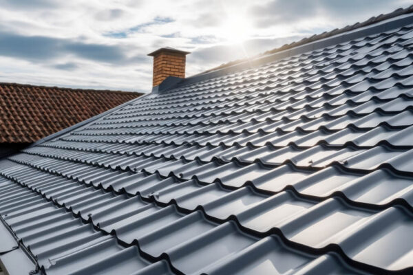 Dach pokryty nowoczesną blachodachówką modułową lśni w promieniach słońca.